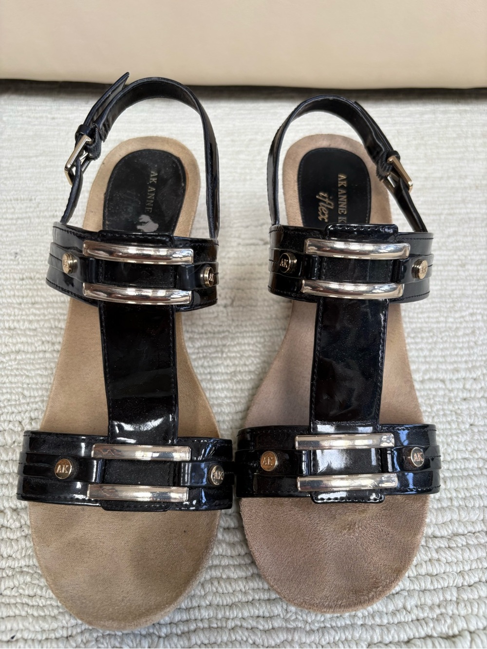 Anne Klein Black Patent T-Strap Wedge Sandals with Silver Accents